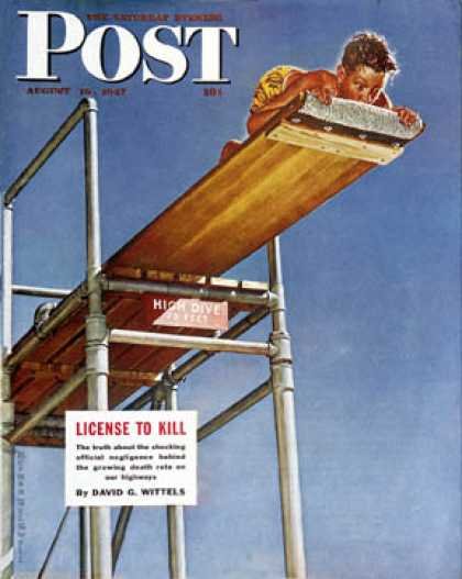 Saturday Eveing Post Cover with Norman Rockwell  Painting Boy on a Divingboard